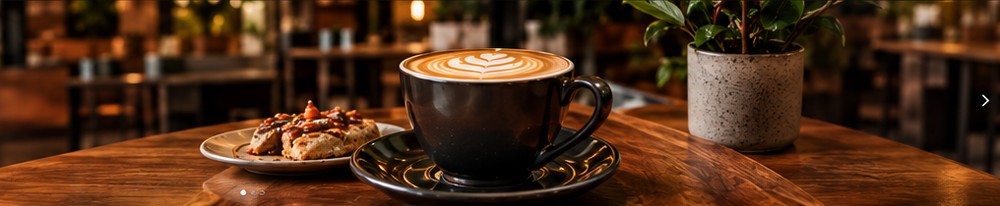 Warm cafe table with coffee and food